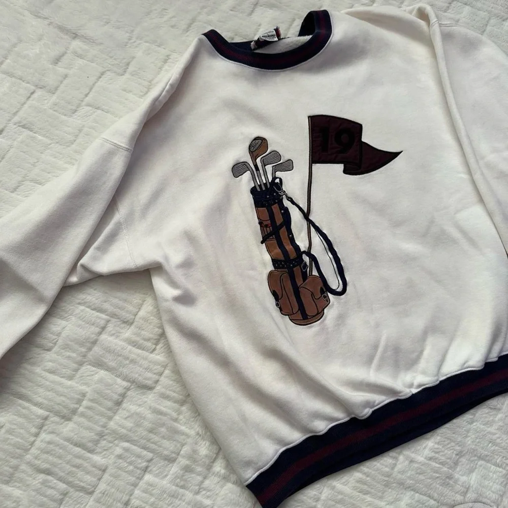 Vintage 1990s Cream Golf Clubs embroidered Graphic Sweatshirt with Stripe Trim L - Picture 6 of 8